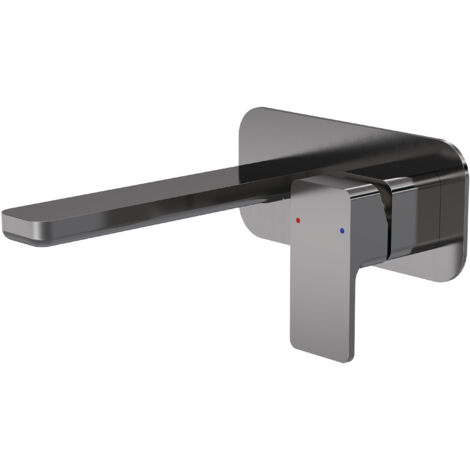 Square Wall Mount 2 Tap Hole Basin Mixer Tap & Back Plate - Brushed Pewter