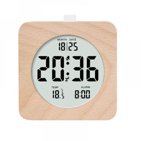 Square Wooden Digital Alarm Clock, Morning Alarm Clock, LCD Digital Clock with Date, Temperature, Snooze and Backlight Display, Battery Operated Digital Alarm Clock
