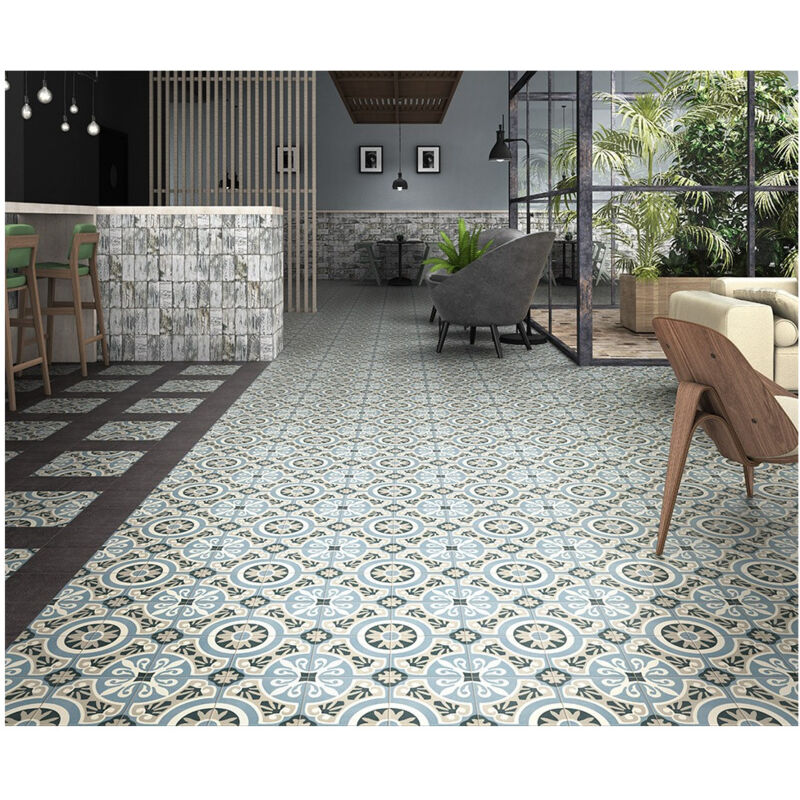 Carrelage grès émaillé effet carreau de ciment THREE CAPITALS CENTRO VIENA 20x20cm 20x20 cm Bleu - Satiné - boîte de 1 m2 - Gioia Materia