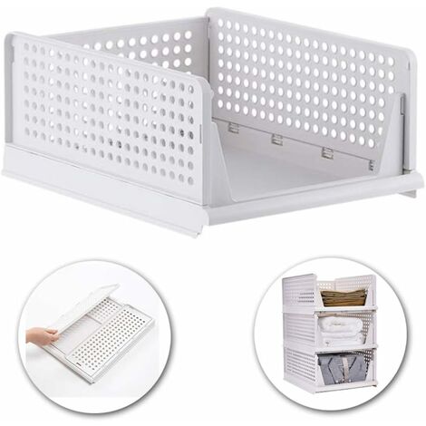 Stackable Clothes Storage Basket Organizer Sliding Cabinet Drawer Shelf DIY Divider Separator Desktop Container for Wardrobe Cupboard Kitchen Bathroom Office (White)