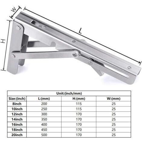 Staffa pieghevole da 200 mm - 2 pezzi in acciaio inox - Supporto per consolle pieghevole - Staffa per mensola per garage, cucina, camera da letto - Con viti di montaggio