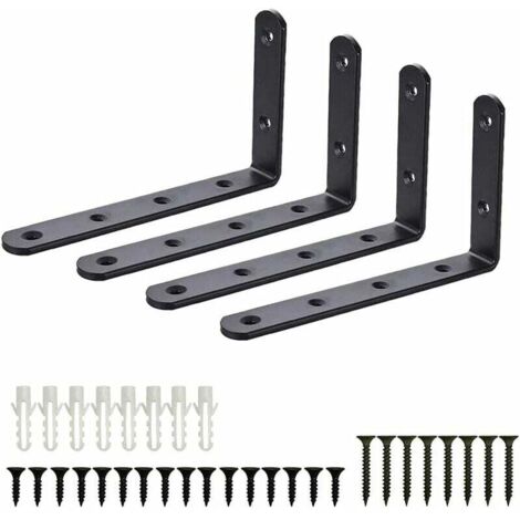 Staffe di fissaggio, 4 staffe angolari in acciaio inox per mensole da parete per garage, staffa da parete a forma di L nera, fai da te industriale per la decorazione di mobili, collegamento con viti