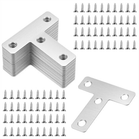 Staffe di fissaggio metalliche piatte a T da 50x50 mm con viti, rinforzi angolari per il fissaggio e la riparazione di mobili, 20 pezzi, argento