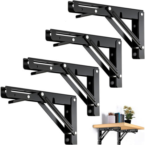 Staffe per mensole pieghevoli da 4 pezzi, staffe angolari pieghevoli nere da 200 mm, supporti pieghevoli a parete, per tavoli, mensole a parete, garage, cucine, camere da letto e uffici, salvaspazio