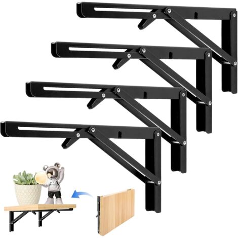 Staffe per mensole pieghevoli da 4 pezzi, staffe angolari pieghevoli nere da 300 mm, supporti pieghevoli a parete, per tavoli, mensole a parete, garage, cucine, camere da letto, uffici, salvaspazio