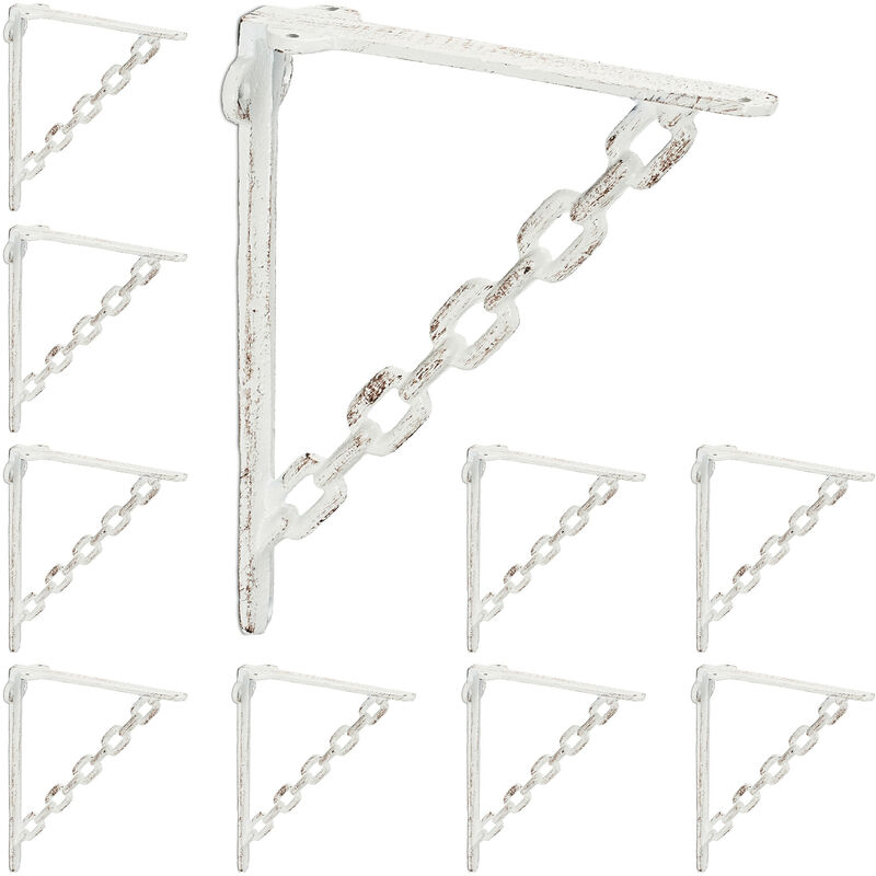 Set 10x Shelf Brackets, Cast Iron, Rack Support, Chain Motif, hwd: 18 x 4 x 21.5 cm, Angle for Shelves, White - Relaxdays