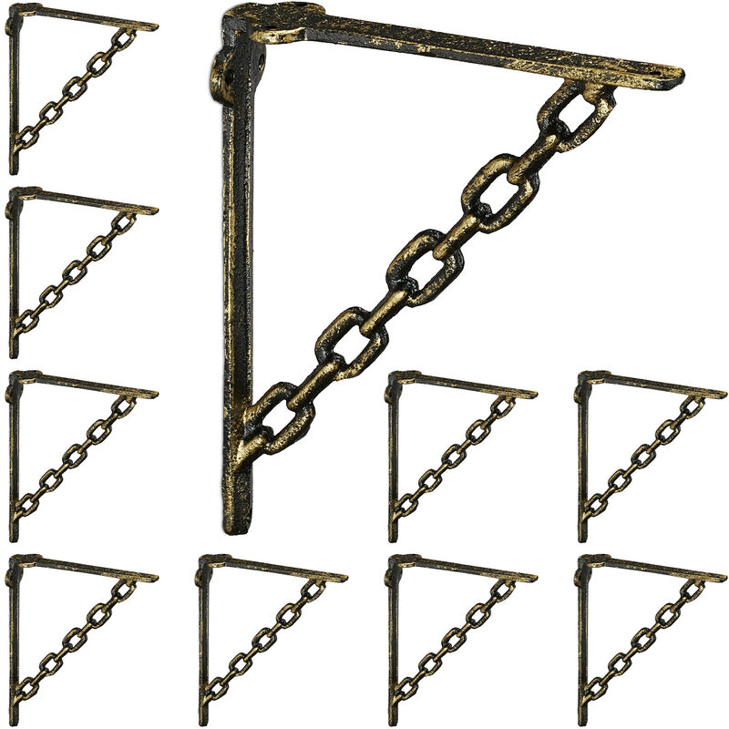 Set 10x Shelf Brackets, Cast Iron, Rack Support, Chain Motif, hwd: 18 x 4 x 21.5 cm, Angle for Shelves, Bronze - Relaxdays