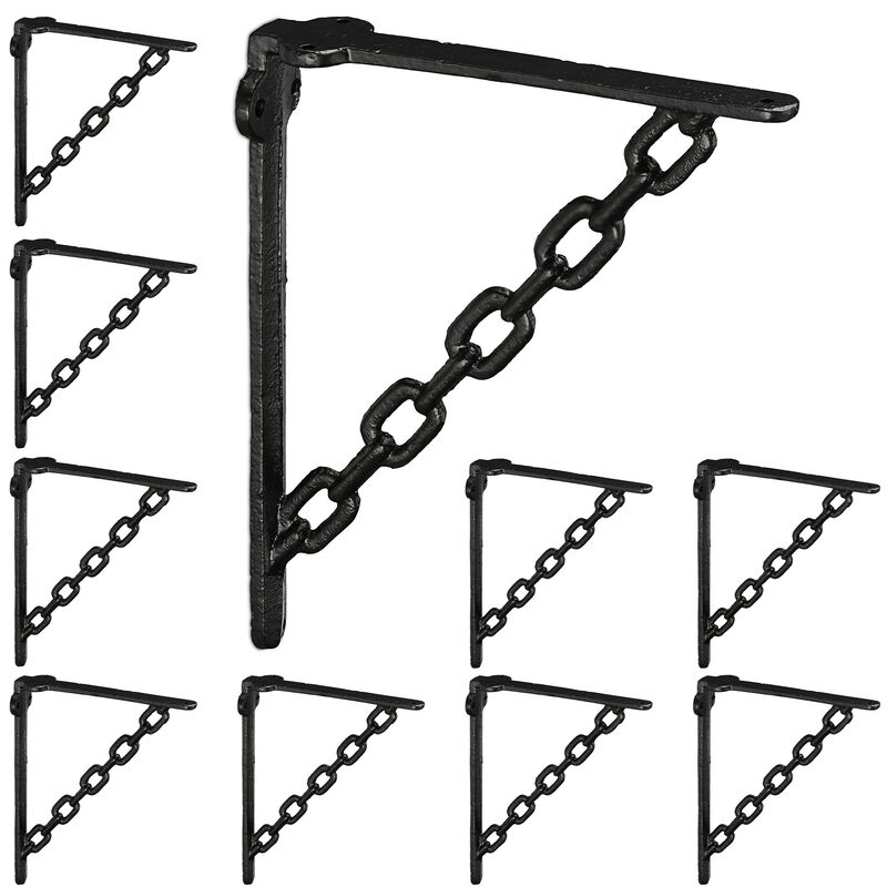 Set 10x Shelf Brackets, Cast Iron, Rack Support, Chain Motif, hwd: 18 x 4 x 21.5 cm, Angle for Shelves, Black - Relaxdays