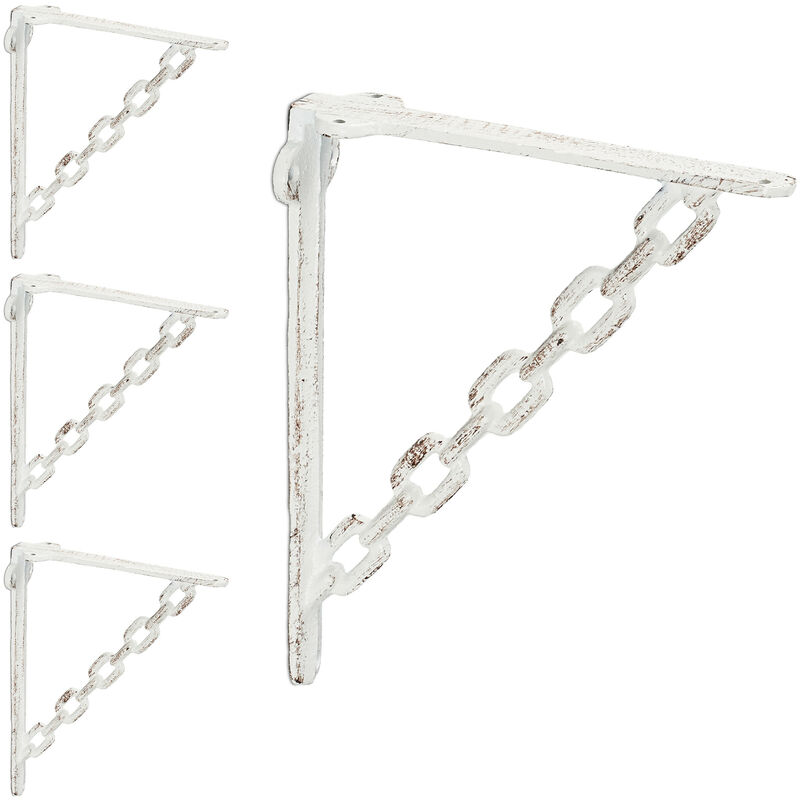 Relaxdays - Set 4x Shelf Brackets, Cast Iron, Rack Support, Chain Motif, hwd: 18 x 4 x 21.5 cm, Angle for Shelves, White