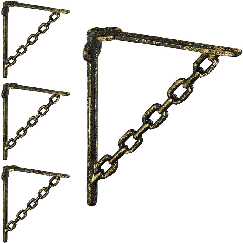 Relaxdays - Set 4x Shelf Brackets, Cast Iron, Rack Support, Chain Motif, hwd: 18 x 4 x 21.5 cm, Angle for Shelves, Bronze