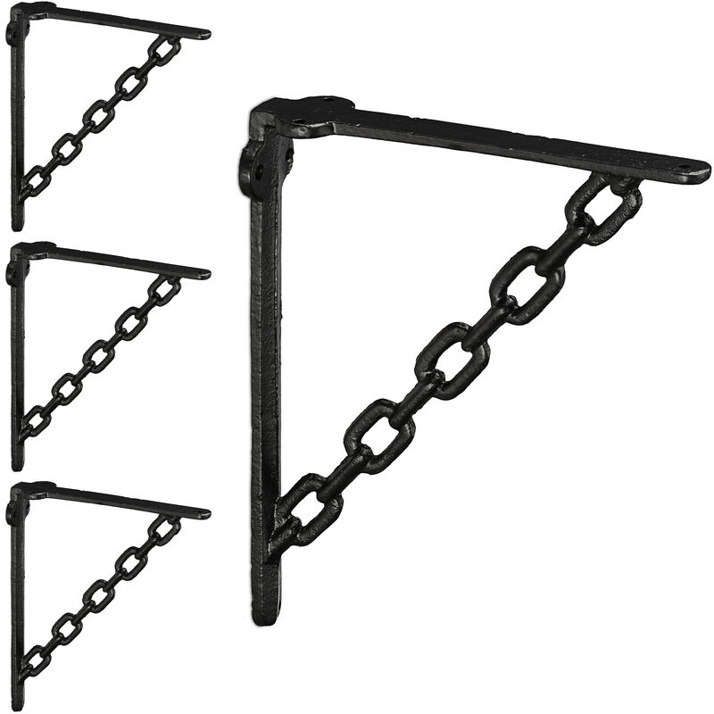 Relaxdays - Set 4x Shelf Brackets, Cast Iron, Rack Support, Chain Motif, hwd: 18 x 4 x 21.5 cm, Angle for Shelves, Black