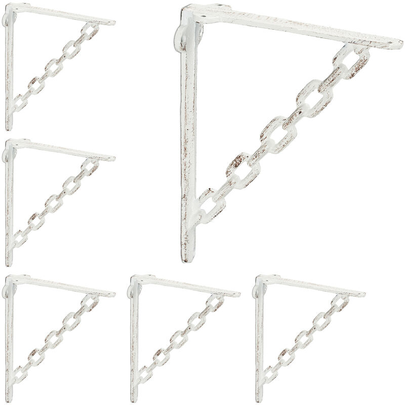 Relaxdays - Set 6x Shelf Brackets, Cast Iron, Rack Support, Chain Motif, hwd: 18 x 4 x 21.5 cm, Angle for Shelves, White