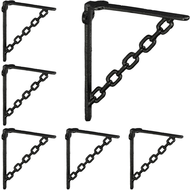 Relaxdays - Set 6x Shelf Brackets, Cast Iron, Rack Support, Chain Motif, hwd: 18 x 4 x 21.5 cm, Angle for Shelves, Black