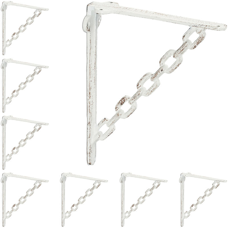 Set 8x Shelf Brackets, Cast Iron, Rack Support, Chain Motif, hwd: 18 x 4 x 21.5 cm, Angle for Shelves, White - Relaxdays