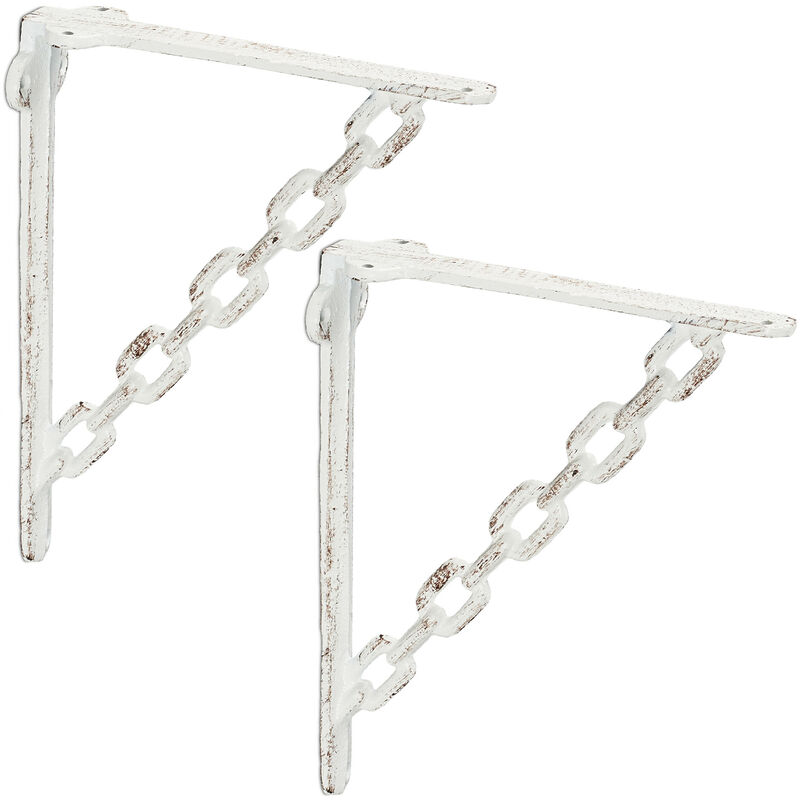 Relaxdays - Set 2x Shelf Brackets, Cast Iron, Rack Support, Chain Motif, hwd: 18 x 4 x 21.5 cm, Angle for Shelves, White