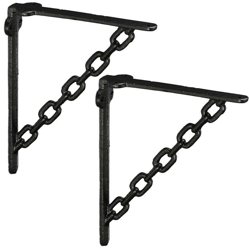 Relaxdays - Set 2x Shelf Brackets, Cast Iron, Rack Support, Chain Motif, hwd: 18 x 4 x 21.5 cm, Angle for Shelves, Black