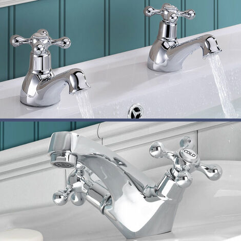 Stafford Victorian Bathroom Basin Cross Head Twin Taps & Basin Mono Mixer Tap