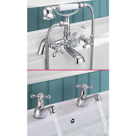 Stafford Victorian Set Of Hot & Cold Basin Taps And Bath Shower Mixer Tap With Handheld Kit