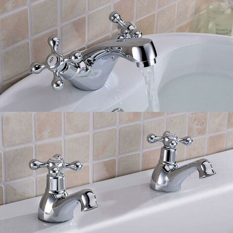 Stafford Victorian Traditional Cross Head Chrome Twin Bath Filler Taps & Basin Sink Mono Mixer Tap