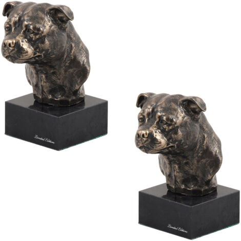 Staffordshire Bull Terrier, Staffik, Staffi - statuette de chien, buste sur socle en pierre, sculpture, trophée pour l'exposition canine de la marque Art-Dog