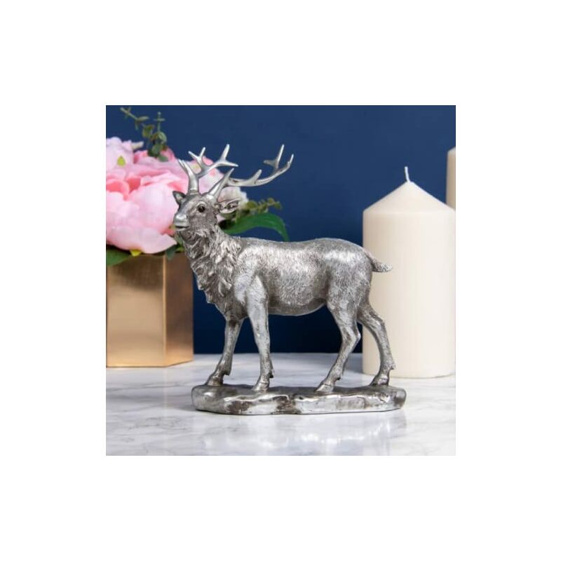Stag Reindeer Ornament Rustic Silver Style Resin Christmas Sculpture Figurine Xmas