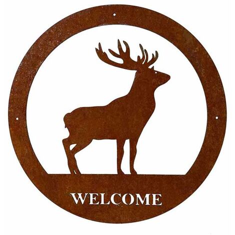 Stag Welcome Wall Art - Large - Steel - W49.5 x H49.5 cm - Bare Metal/Ready to Rust