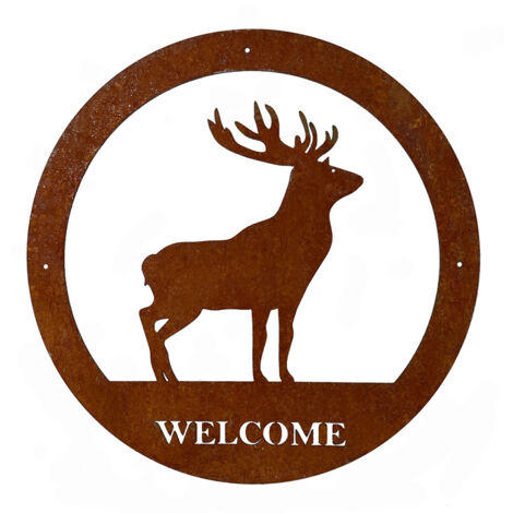 Stag Welcome Wall Art - Small - Steel - W29.5 x H29.5 cm - Bare Metal/Ready to Rust