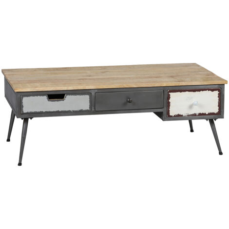 STAHL - Table Basse 3 Tiroirs Structure en Métal Plateau en Bois