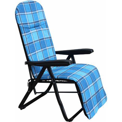 Stahldeckstuhl mit Rückenlehne und liegende Fußstützen und Florenzkissen - Blue