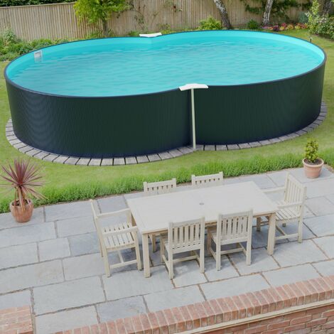 Stahlwandpool achtform 540x350x120 cm, Stahl 0,4 mm anthrazit, Folie 0,4 mm blau, Einhängebiese