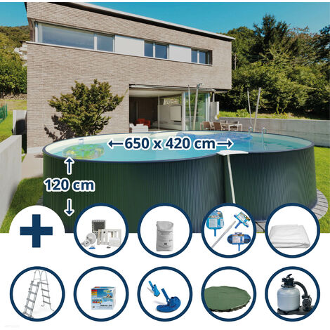 Stahlwandpool Set (10-teilig) hoch achtform 650x420x120 cm, Stahl 0,4 mm anthrazit Folie 0,4 mm sand