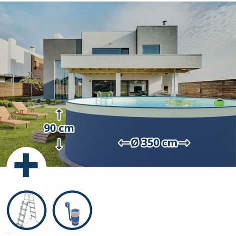 Stahlwandpool Set (3-teilig) hoch rund 350 x 90 cm, Stahl 0,3 mm anthrazit Folie 0,2 mm sand
