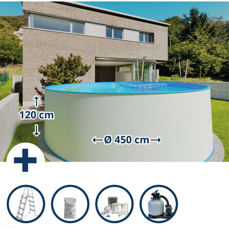 Stahlwandpool Set (5-teilig) hoch rund 450 x 120 cm, Stahl 0,4 mm weiß Folie 0,4 mm blau