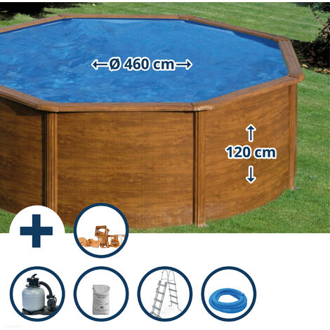 Stahlwandpool Set (5-teilig) hoch rund 460 x 120 cm, Stahl 0,4 mm Holzoptik Folie 0,3 mm blau