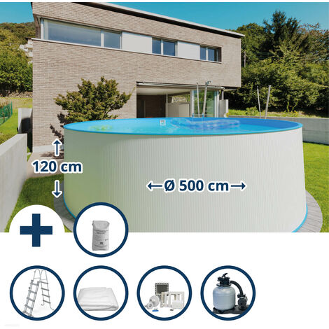 Stahlwandpool Set (5-teilig) hoch rund 500 x 120 cm, Stahl 0,4 mm weiß Folie 0,4 mm blau