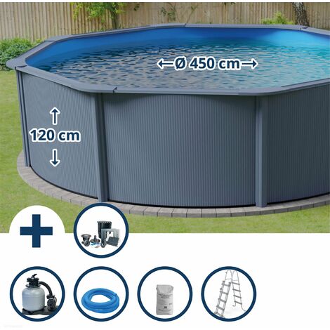 Stahlwandpool Set (5-teilig) hoch rund Classic 450 x 120 cm, Stahl 0,45mm anthrazit Folie 0,3mm blau