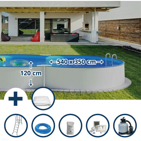 Stahlwandpool Set (6-teilig) halbhoch achtform 540x350x120 cm, Stahl 0,4 mm weiß Folie 0,4 mm blau