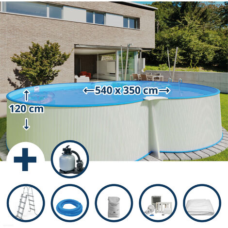 Stahlwandpool Set (6-teilig) hoch achtform 540 x 350 x 120 cm, Stahl 0,4 mm weiß Folie 0,4 mm blau