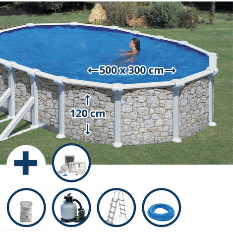 Stahlwandpool Set (6-teilig) hoch oval 500 x 300 x 120 cm, Stahl 0,45mm Steinoptik Folie 0,3mm blau