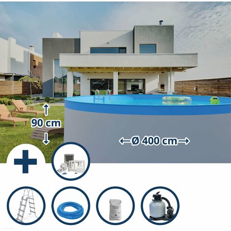 Stahlwandpool Set (6-teilig) hoch rund 400 x 90 cm, Stahl 0,3 mm weiß Folie 0,2 mm blau