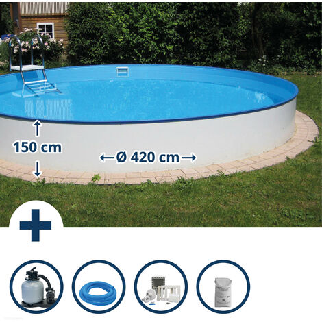 Stahlwandpool Set (6-teilig) hoch rund Baltimore 420 x 150 cm, Stahl 0,8 mm weiß Folie 0,6 mm blau