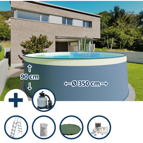 Stahlwandpool Set (6-teilig) rund 350x90 cm, Stahl 0,3 mm anthrazit, Folie 0,2 mm sand, overlap