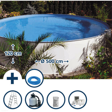 Stahlwandpool Set (7-teilig) hoch rund Sunrise 500 x 120 cm, Stahl 0,6 mm weiß Folie 0,6 mm blau