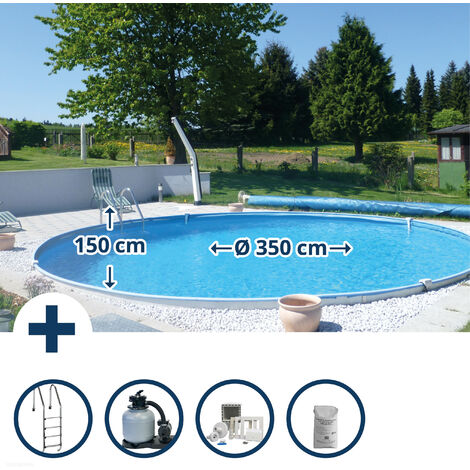 Stahlwandpool Set (7-teilig) tief rund Bahrain 350 x 150 cm, Stahl 0,8 mm weiß Folie 0,6 mm blau
