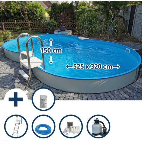 Stahlwandpool Set (9-teil) halbhoch achtform Calypso 525x320x150cm, Stahl 0,8mm weiß Folie 0,6mm bl.