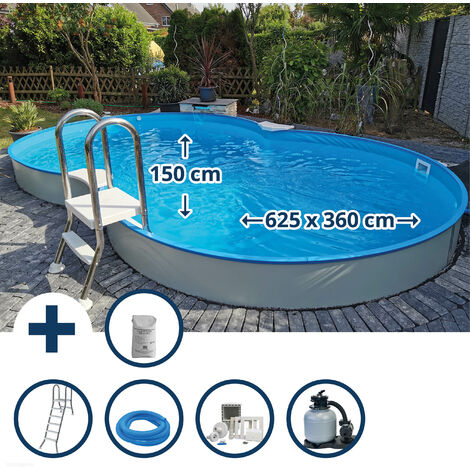 Stahlwandpool Set (9-teil) halbhoch achtform Cannes 625x360x150cm, Stahl 0,8mm weiß Folie 0,6mm bl.