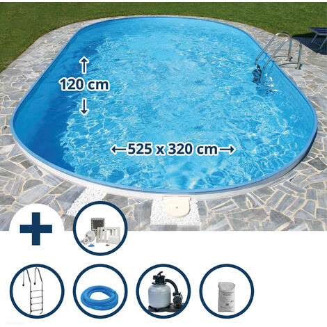 Stahlwandpool Set oval Fererra 525x320x120 cm, Stahl 0,6 mm weiß, Folie 0,6 mm blau, Einhängebiese