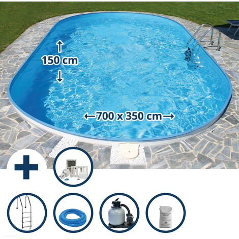 Stahlwandpool Set oval Florida 700x350x150 cm, Stahl 0,8 mm weiß, Folie 0,6 mm blau, Einhängebiese