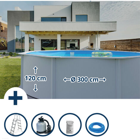 Stahlwandpool Set rund 300x120 cm, Stahl 0,45 mm weiß, Folie 0,3 mm blau, overlap
