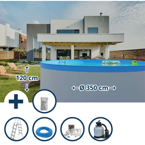 Stahlwandpool Set rund Almeria 350x120 cm, Stahl 0,4 mm weiß, Folie 0,3 mm blau, overlap